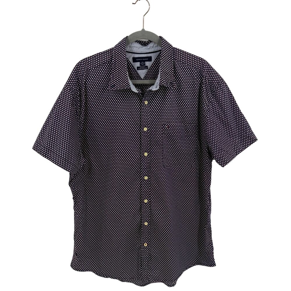 Tommy Hilfiger Mens Shirt Sz XXL Navy Blue Red Polka Dot Button Up Short Sleeve